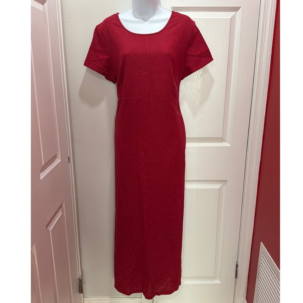 Field Manor Maxi‎ Dress Womens Red Linen Blend Tie Waist Slit Medium